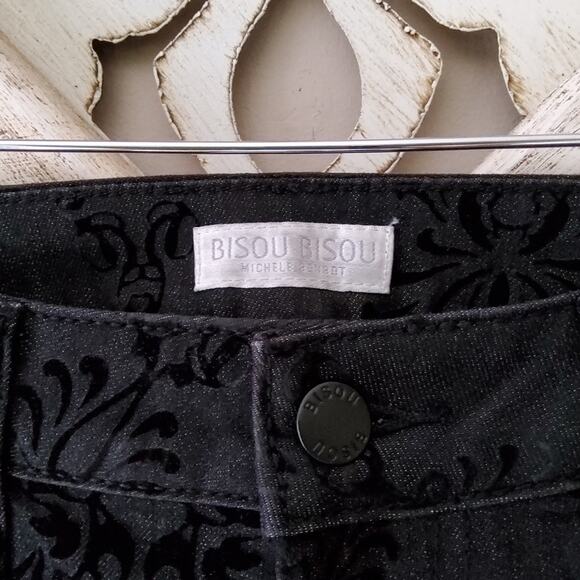 Bisou Bisou Women's Skinny Velvet Damask Print Denim Jeans in Black - Picture 4 of 6
